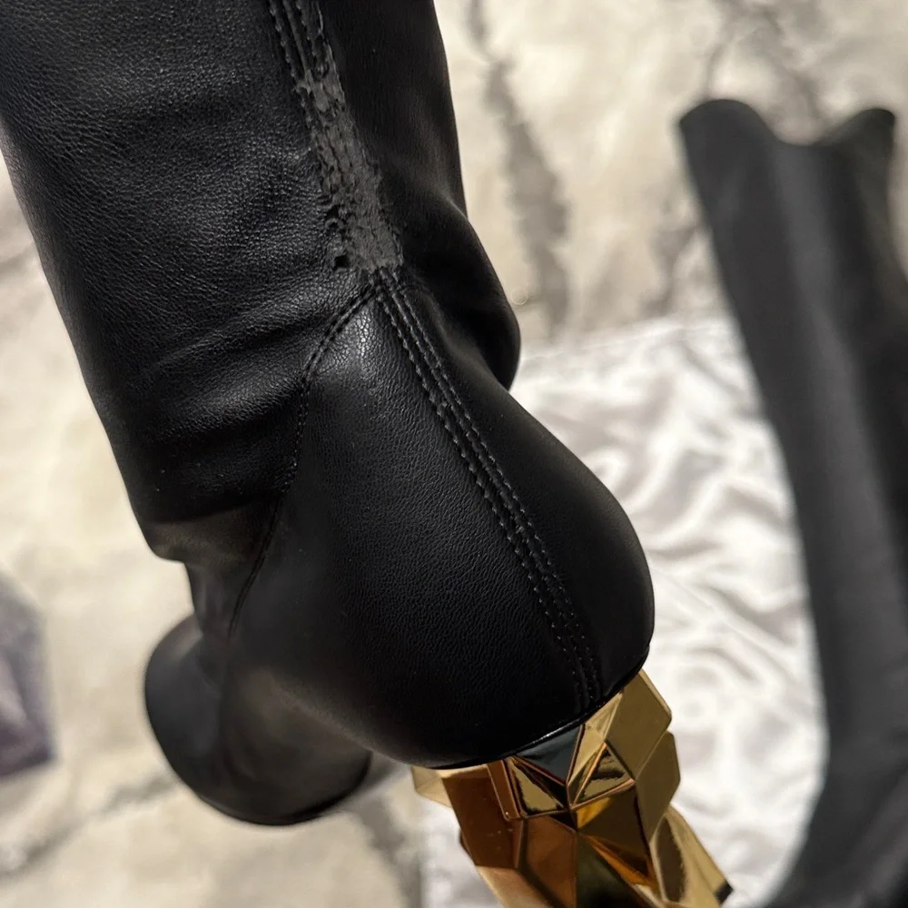 Giuseppe Zanotti Black Over-the-Knee Leather Boots with Sculpted Gold Heels